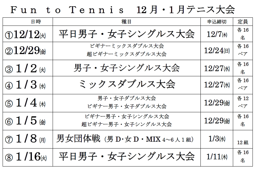 Fun to tennis 12月・1月テニス大会のお知らせ